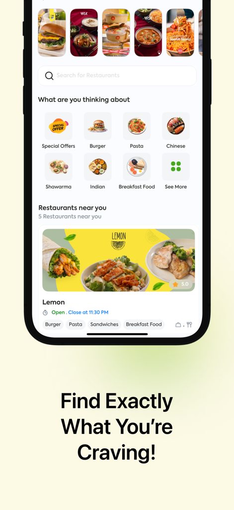 PalEat mobile app home screen featuring various food categories and local restaurant listings