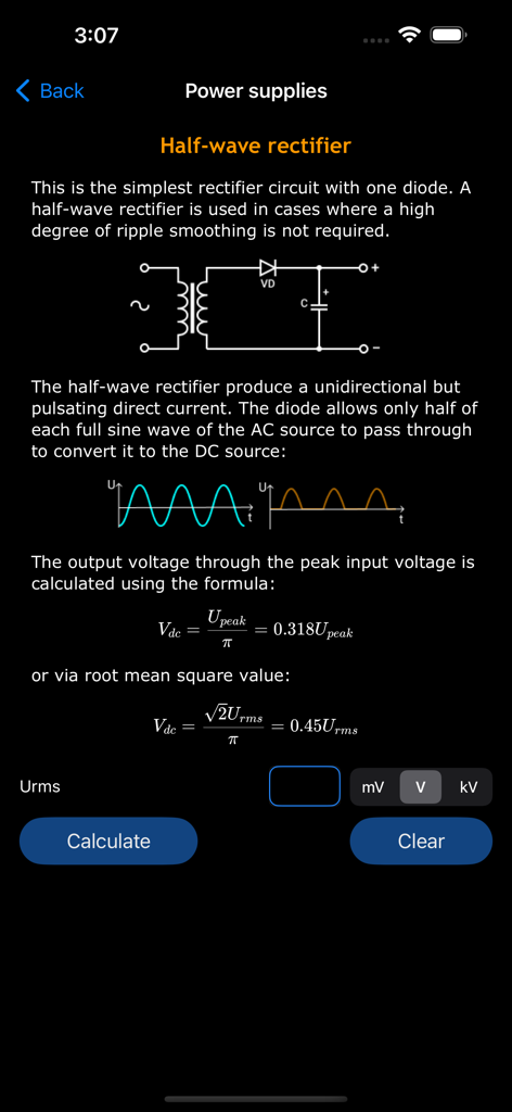 Electronic Circuits Calc Pro - Half-wave rectifier calculation screen with circuit diagram and voltage formulas.