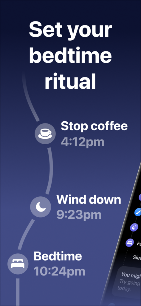 Peaks: Sleep & Energy - Una línea de tiempo vertical en la aplicación Peaks que muestra los horarios personalizados para dejar de tomar café, relajarse y acostarse.
