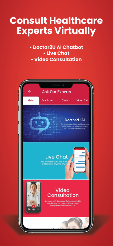 Smartphone screen displaying Doctor2U virtual healthcare services including AI chatbot and video consultation