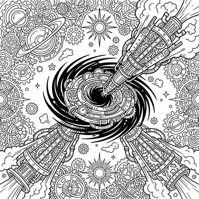 Prepare for an epic journey through space and time with this unique steampunk black hole coloring page. Intricate gears and cosmic jets combine for a challenging and rewarding artistic experience.