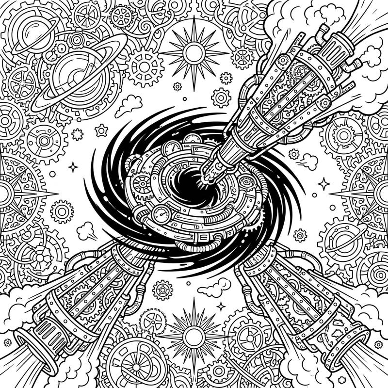Prepare for an epic journey through space and time with this unique steampunk black hole coloring page. Intricate gears and cosmic jets combine for a challenging and rewarding artistic experience.