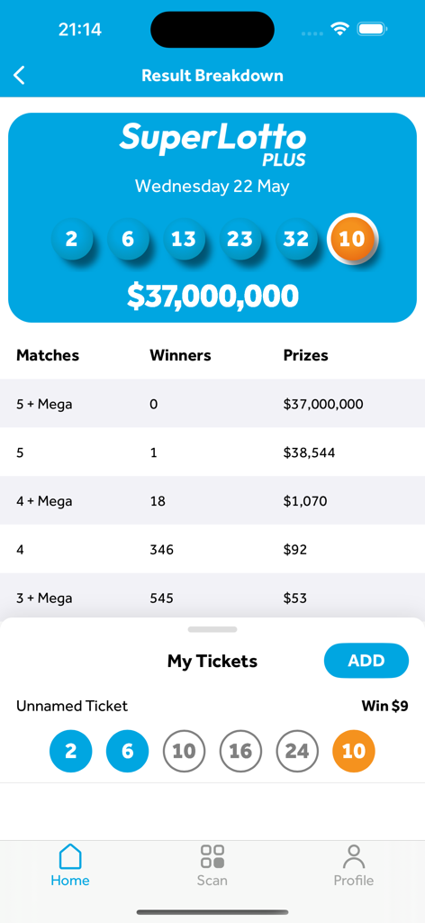 Screen showing SuperLotto Plus results and prize breakdown in the California Lottery Scanner app