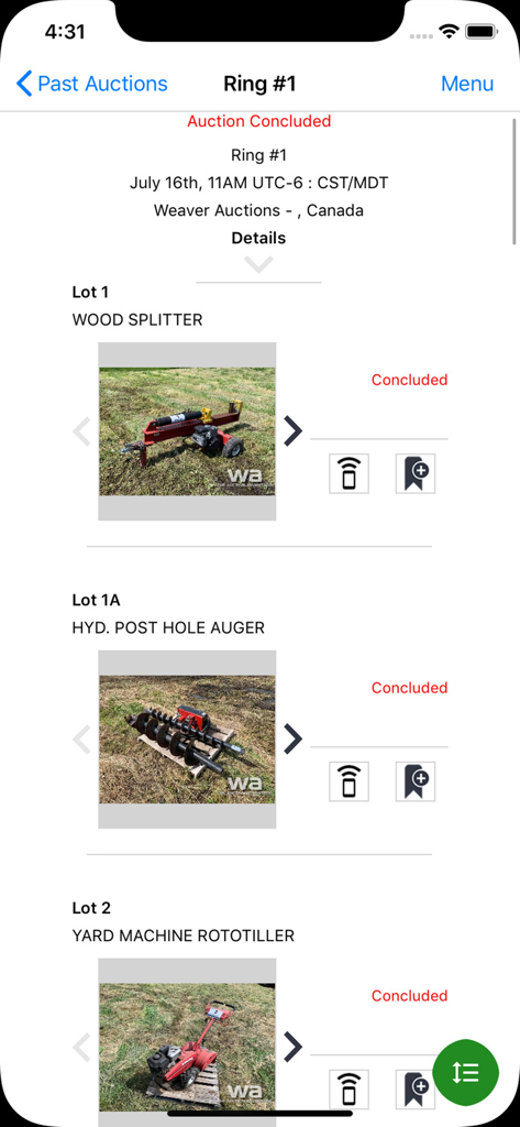 Weaver Auctions - Weaver Auctions app interface showing concluded bidding lots for farm and garden equipment