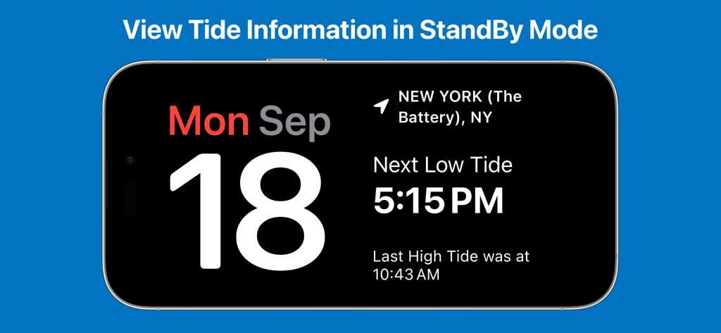 Tides - high and low tide info - iPhone mostrando información de mareas en modo StandBy para Nueva York