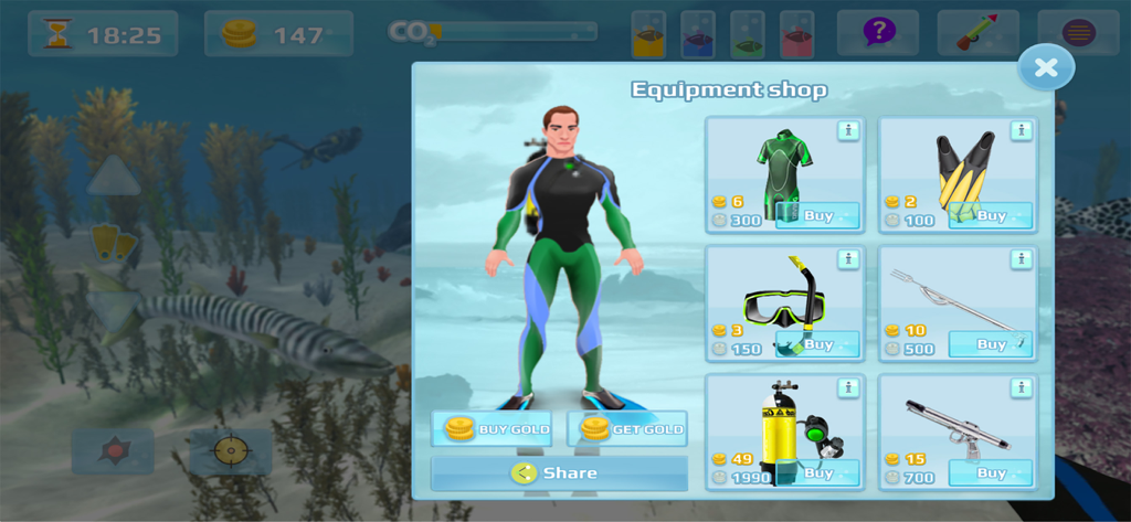 Hunter underwater spearfishing - Equipment shop in the Hunter underwater spearfishing game showing a character with diving gear and upgrade options