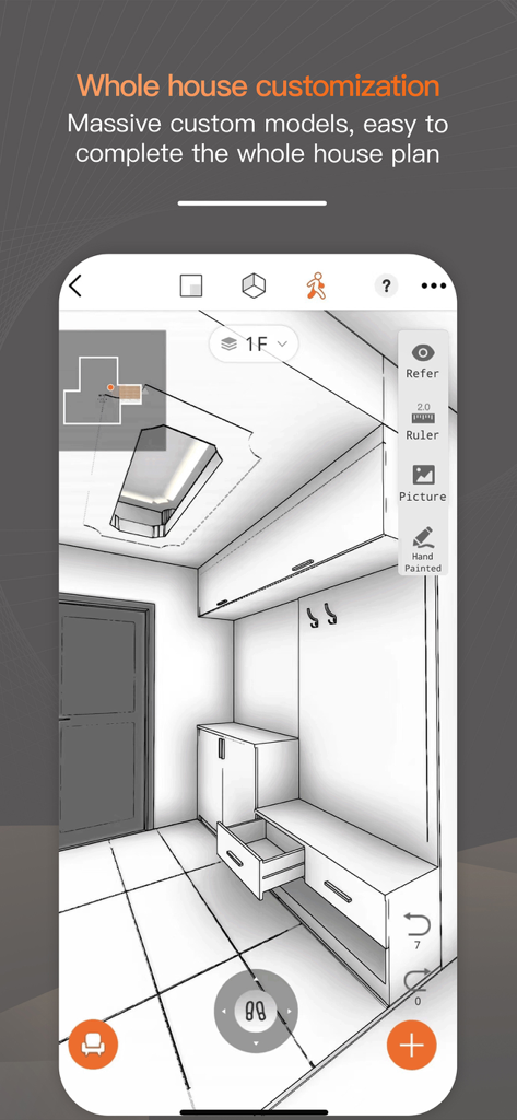 3D architectural sketch of an entrance hall with custom furniture in the ZHouse interior design app