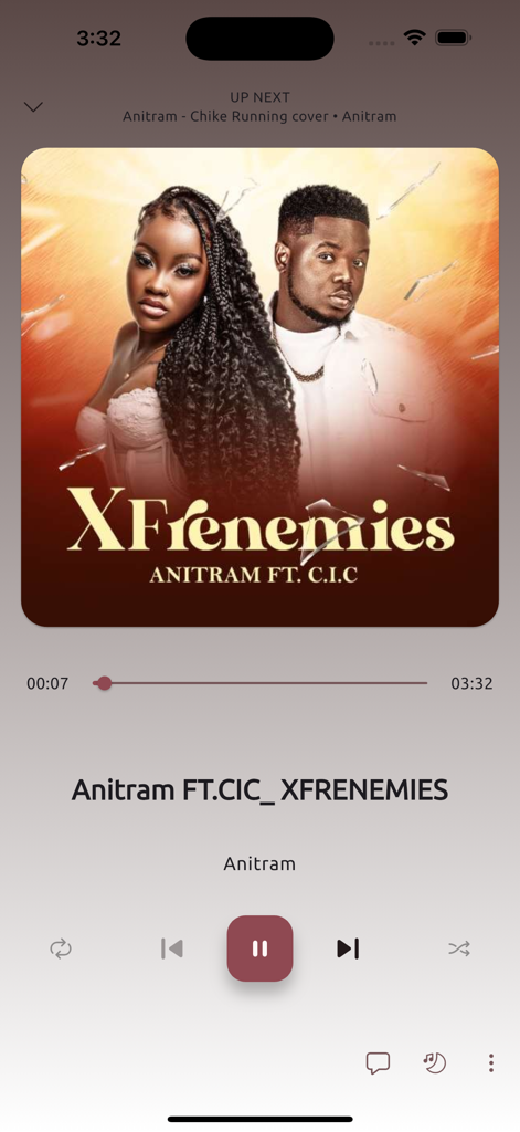 Plus Liberia - Music player screen of the Plus Liberia app playing XFrenemies by Anitram featuring CIC