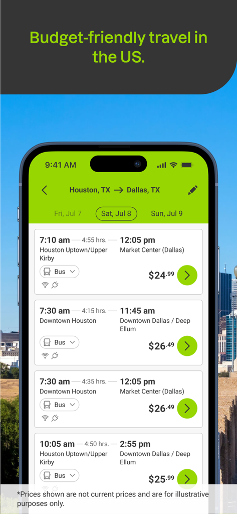 FlixBus-App-Oberfläche, die preiswerte Busrouten und Ticketpreise von Houston nach Dallas anzeigt