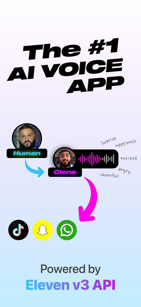 Aplicación Labs AI Voice Generator mostrando clonación de voz humana para plataformas de redes sociales impulsada por la API Eleven v3