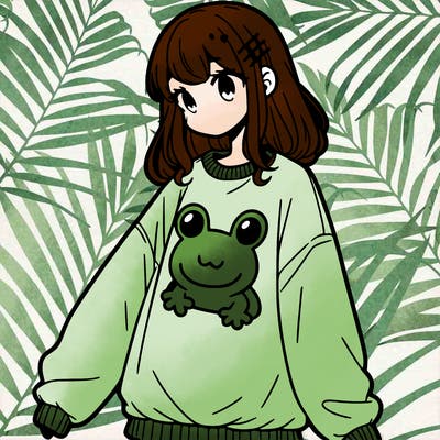 girl wearing frogging sweatshirt