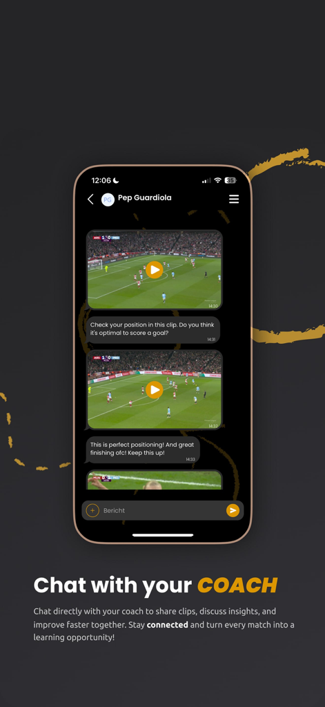 Smart11 - Interfaz de chat de la aplicación Smart11 que muestra comentarios tácticos y análisis de clips de vídeo con un entrenador