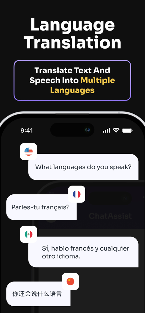 ChatAssist App-Oberfläche, die Textübersetzung in mehreren Sprachen demonstriert