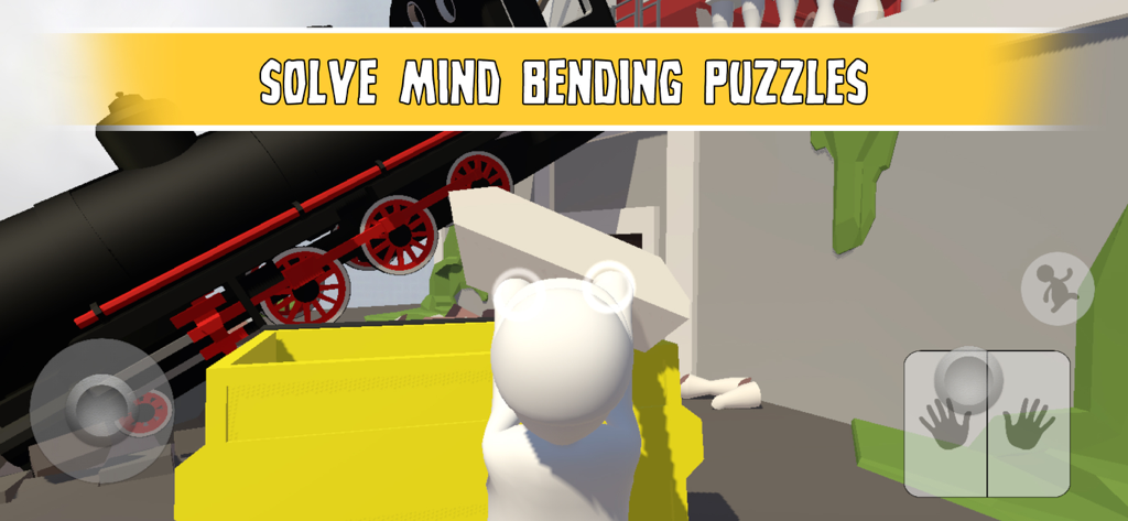 A wobbly character holding a block to solve a physics puzzle in a level with a train