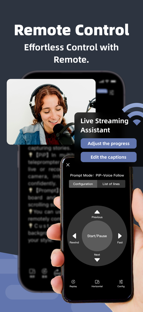 Teleprompter⁺ - Interface de controle remoto do teleprompter em um smartphone mostrando botões para gerenciar a reprodução do roteiro durante a gravação