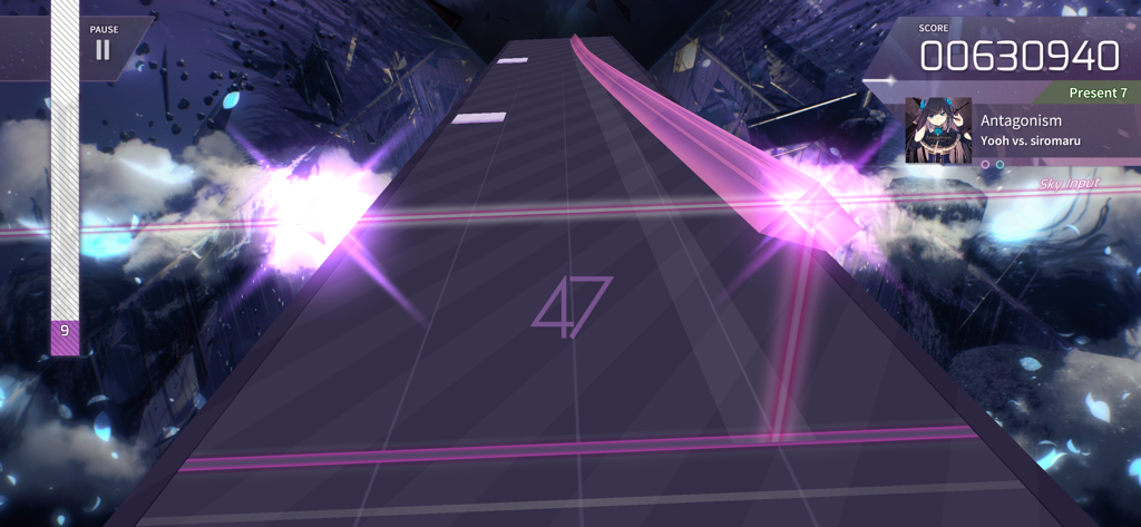 Arcaea mobile rhythm game interface showing a 3D track with a pink sky input note and glowing effects