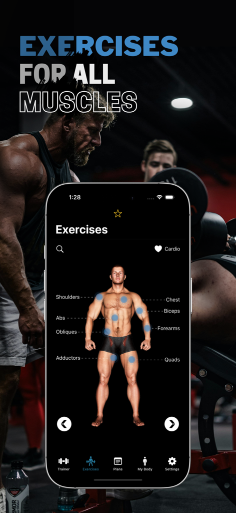 Gym Genius app interface showing an interactive anatomical muscle map for selecting specific exercises.
