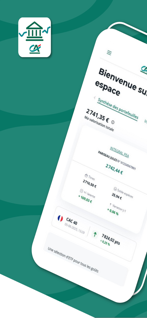 CA Bourse - Dashboard-Ansicht der CA Bourse App, die ein Aktienportfolio und den CAC 40 Marktindex zeigt