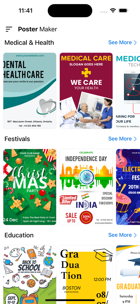 ポスターメーカーアプリのインターフェイスに、医療フェスティバルや教育カテゴリのさまざまなフライヤーテンプレートが表示されています