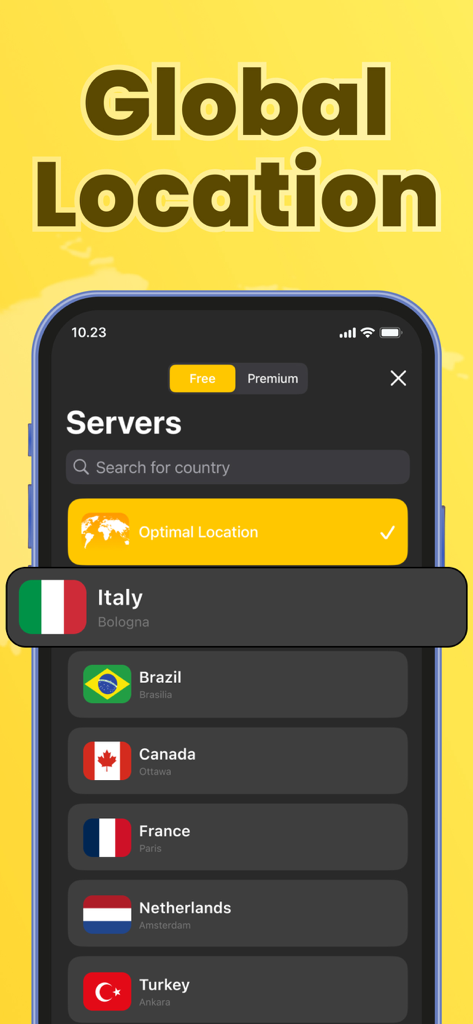 Tela de seleção de servidor do APP VPN GRÁTIS mostrando uma lista de locais globais incluindo Itália, Brasil e Canadá