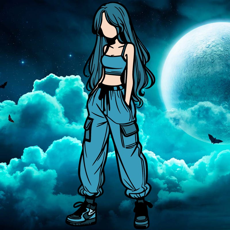 girl in baggy pants crop top and long hair