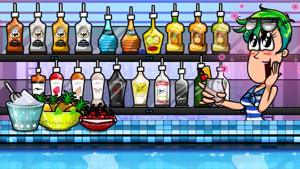 Bartender Perfect Mix - Un personaje de camarera de dibujos animados con cabello verde luciendo emocionado mientras sostiene un cóctel en un bar.