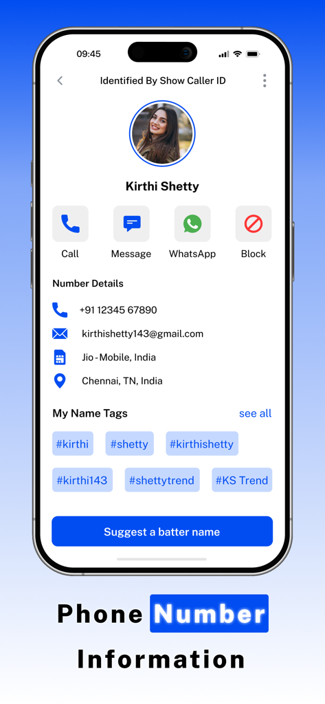 TrueCaller ID : Find by Number - Mobile app screen displaying detailed caller ID information including name and location