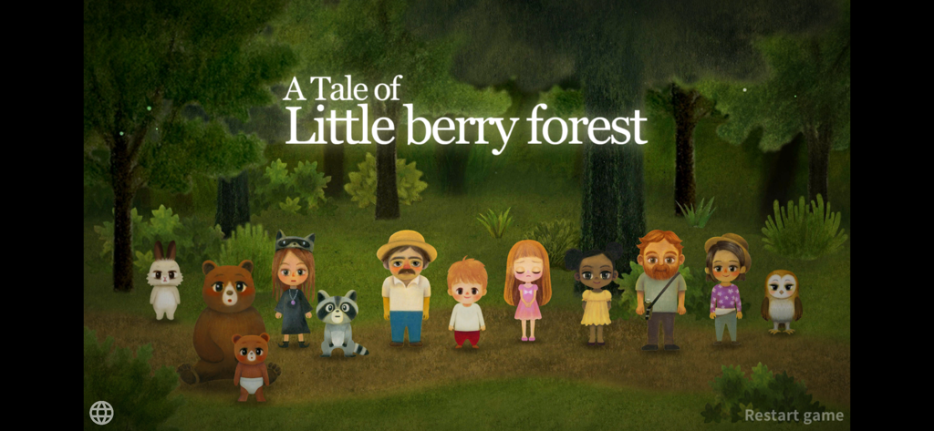 Title screen of A Tale of Little Berry Forest showing hand-drawn characters and animals in an oil pastel forest.