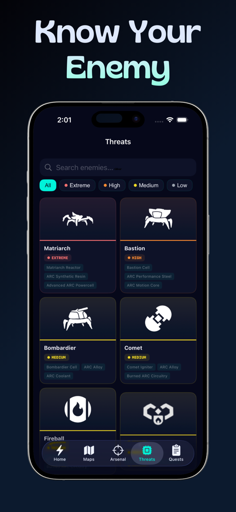 Raiders Map & Live Events - Mobile app interface showing ARC Raiders enemy list with threat levels and loot information