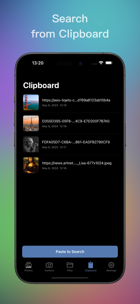 Imagio app interface showing the clipboard feature with a list of copied images ready for reverse search