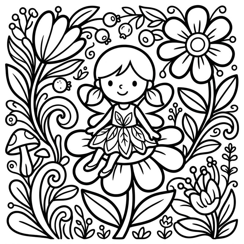 A delightful flower fairy coloring page perfect for toddlers, featuring thick lines and large, simple shapes. This charming design makes coloring easy and fun for little hands.