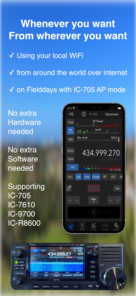 SDR-Control Mobile - SDR-Control Mobile app on an iPhone showing remote control interface for Icom ham radio transceivers