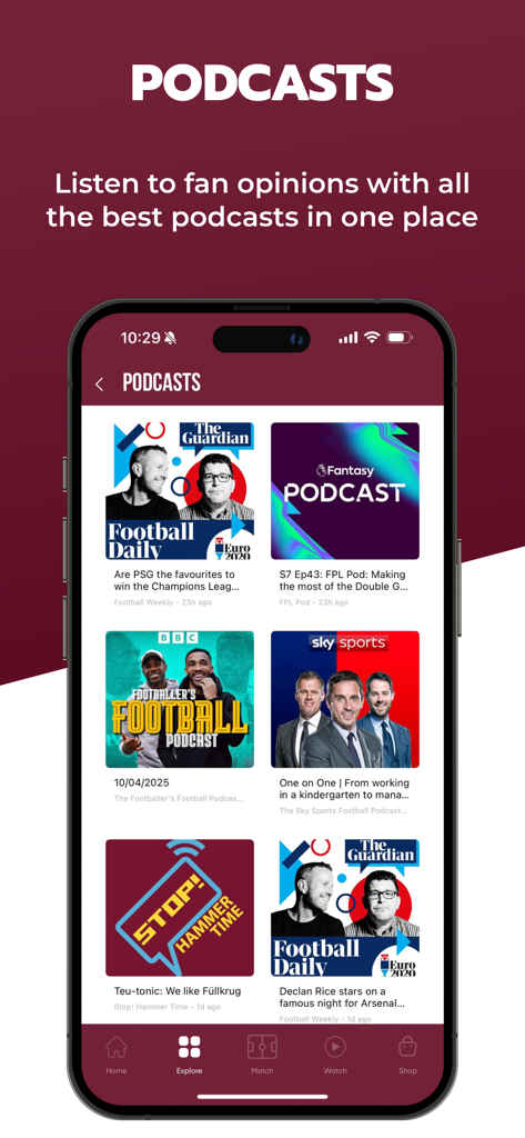 COYIrons 앱은 팬 의견 및 경기 분석이 포함된 축구 팟캐스트 목록을 표시합니다.