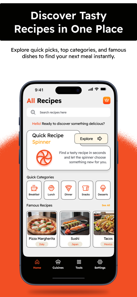 allrecipesアプリのホーム画面に料理カテゴリとトレンドのレシピが表示されている