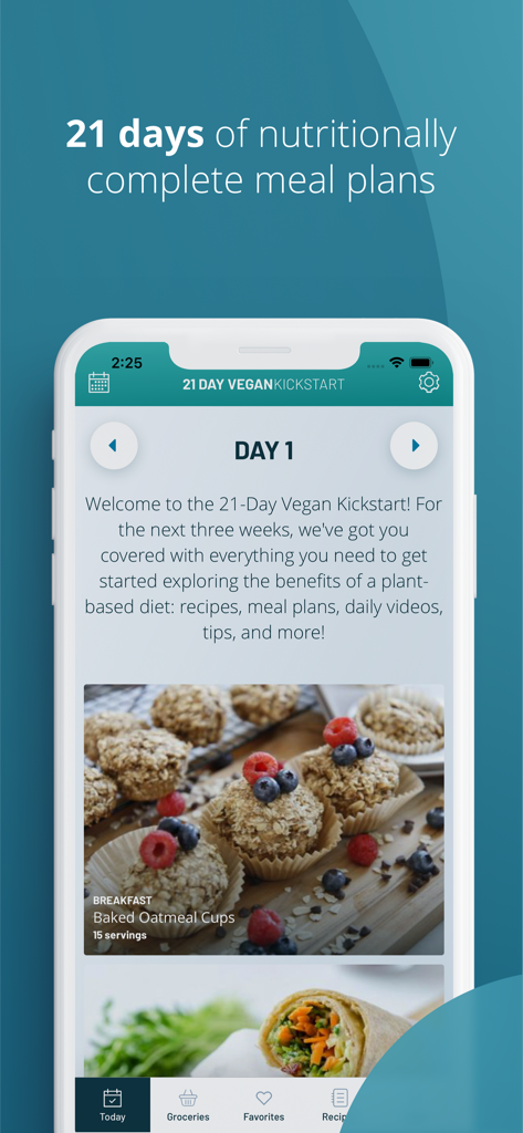 Mobile app interface of 21-Day Vegan Kickstart showing Day 1 of a plant-based meal plan including baked oatmeal cups.