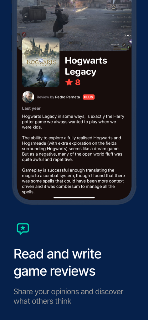 GameTrack - Mobile screen showing a user review and rating for Hogwarts Legacy in the GameTrack app