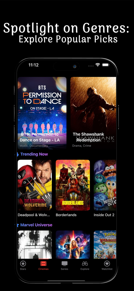 Screen of YouCinE Flix app showcasing trending movies and genre categories like Marvel and popular picks.