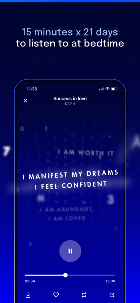 Deep Belief - Self hypnosis - Deep Belief app interface displaying a 21-day bedtime hypnosis program with positive manifestation affirmations.