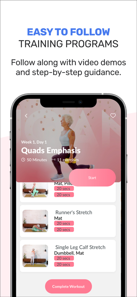 Mobile app screen for Train with Joan showing easy to follow training programs and step-by-step workout guidance for women