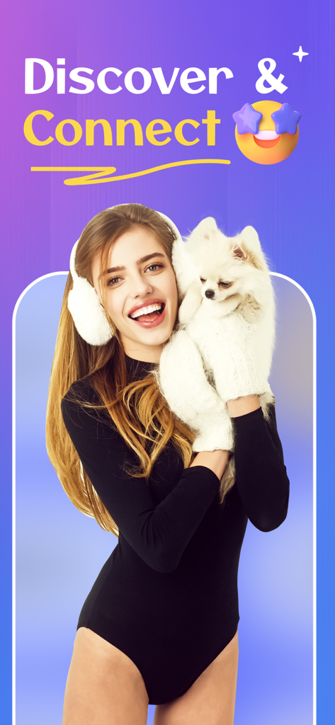 Une femme souriante tenant un chien blanc et moelleux avec le texte Discover and Connect