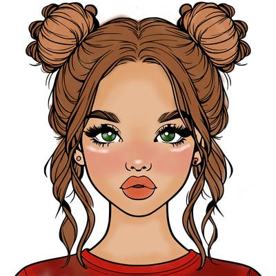 realistic girl with two buns in hair and lips