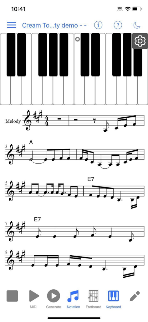 Band-in-a-Box app interface displaying a piano keyboard and musical notation for a melody.