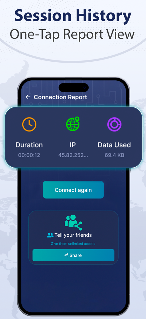 GoVPN: Fast & Secure VPN Proxy - GoVPN app screenshot showing connection duration, IP address, and data usage report