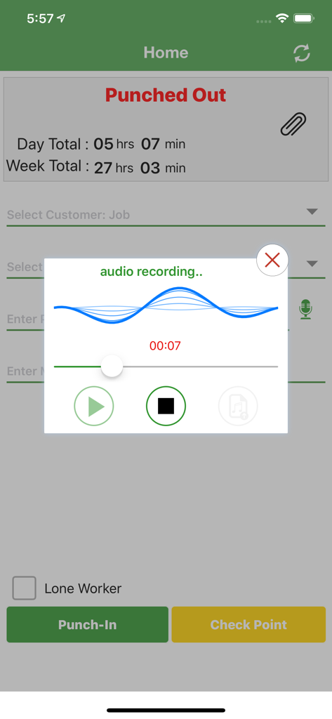 Timesheet Mobile home screen showing an active audio recording window for jobsite notes