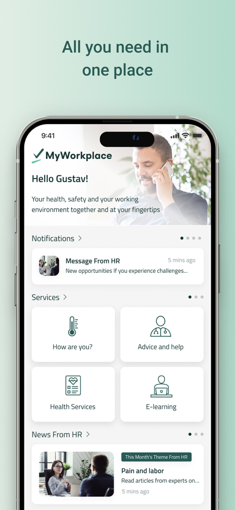 MyWorkplace - The dashboard of the MyWorkplace app showing employee health services HR notifications and workplace news