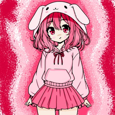pretty anime girl wearing a fluffy hoodie with bunny ears on the hood and a skirt