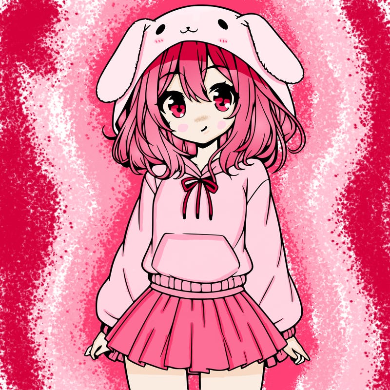 pretty anime girl wearing a fluffy hoodie with bunny ears on the hood and a skirt