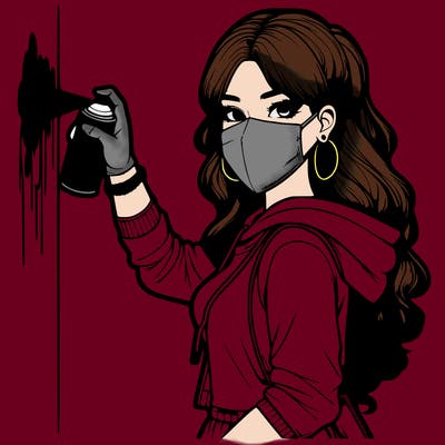 realistic girl with mask spray painting a wall