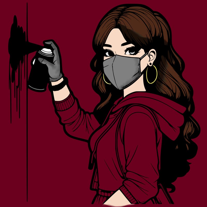 realistic girl with mask spray painting a wall