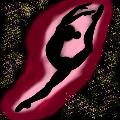 gymnast doing a leap in a leotard with a bent back leg